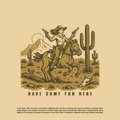 Vintage retro hand drawn cowgirl riding his horse holding handgun vector