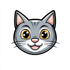 Cartoon illustration of a friendly gray cat with yellow eyes and a pink nose