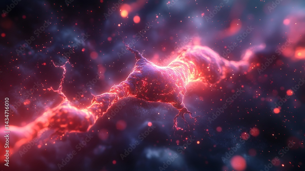 Poster glowing neuron, a vibrant red-orange, stands out against a nebula backdrop. fine tendrils extend fro