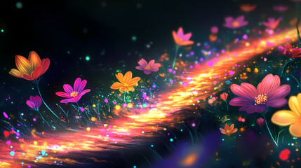 Mystical flora idea. vibrant flowers bloom along a glowing pathway, creating a surreal and enchanting scene. Dream Bloom. Illustration