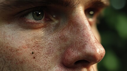 Close-Up View of Inflamed Cheeks and Windburn Redness on Male Face Skin