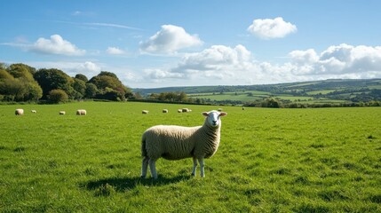 Fototapeta premium Sheep grazing idyllic green pasture, hills