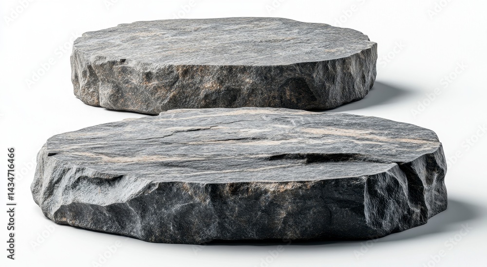 Poster two circular gray stone platforms with rough texture on white background for product display or deco