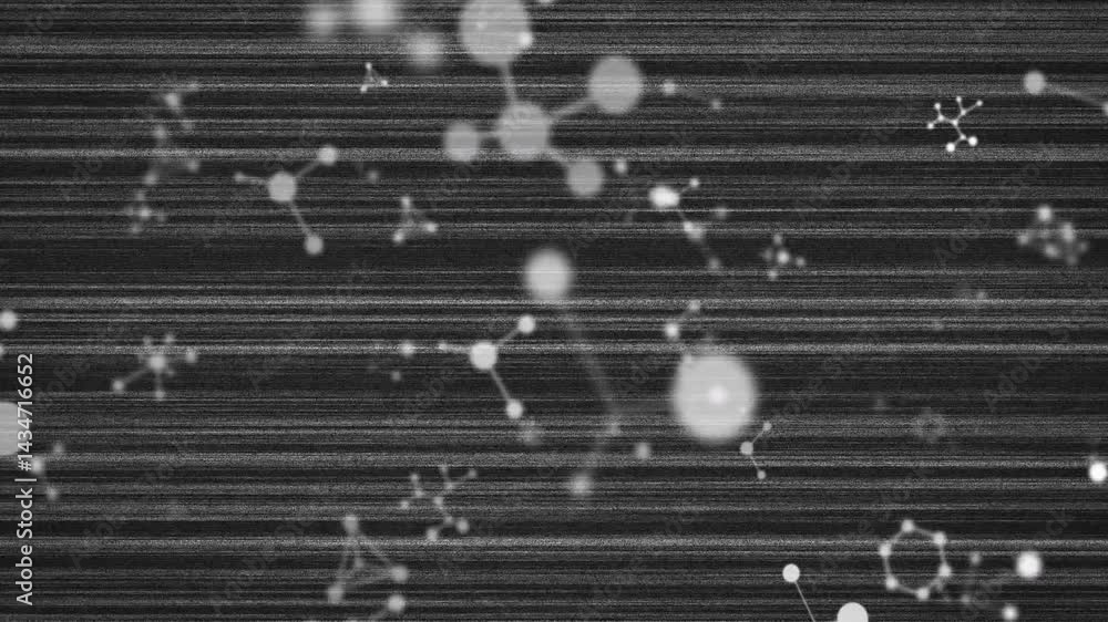 Poster large softly glowing molecular node being visualized on glitchy static backdrop with network bonds