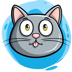 Obraz premium Cartoon cat face with large expressive eyes and gray fur on light blue water-like background