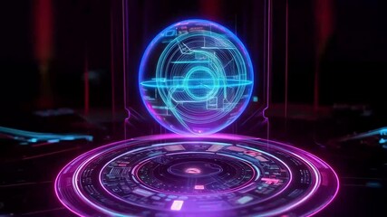 Glowing digital sphere with circuits hovers over a futuristic neon platform in high-tech environment - Powered by Adobe