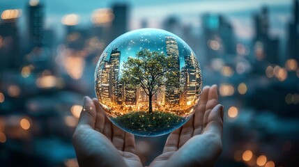 Fototapeta premium Envisioning Future Dreams Through Realistic Photography of a Tree Inside a Glass Sphere Against a Cityscape Background