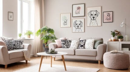 Cozy Living Room with Dog Art Decor