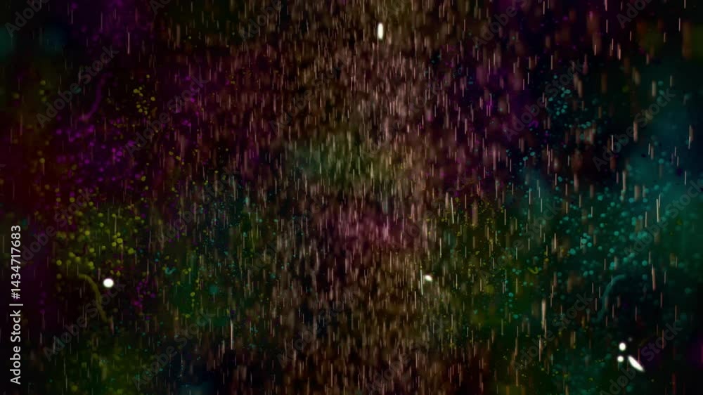 Poster falling and swirling multicolored particles and droplets moving in dark studio with animated lights