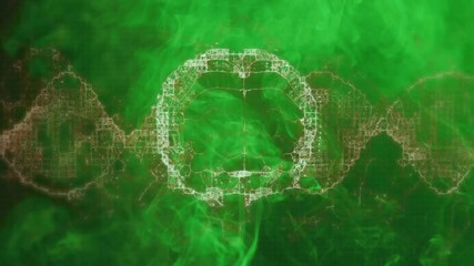 Digital 3D-rendered DNA helix looping over green mist scene, glowing red square modules shifting - Powered by Adobe