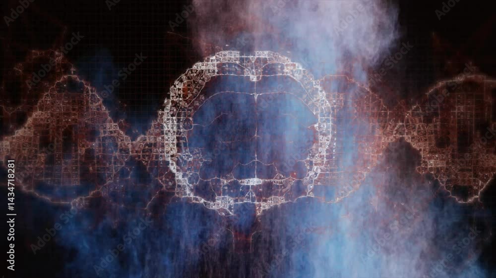 Poster toroidal circuit structure being visualized, with drifting mist and orange energy arcs on dark grid
