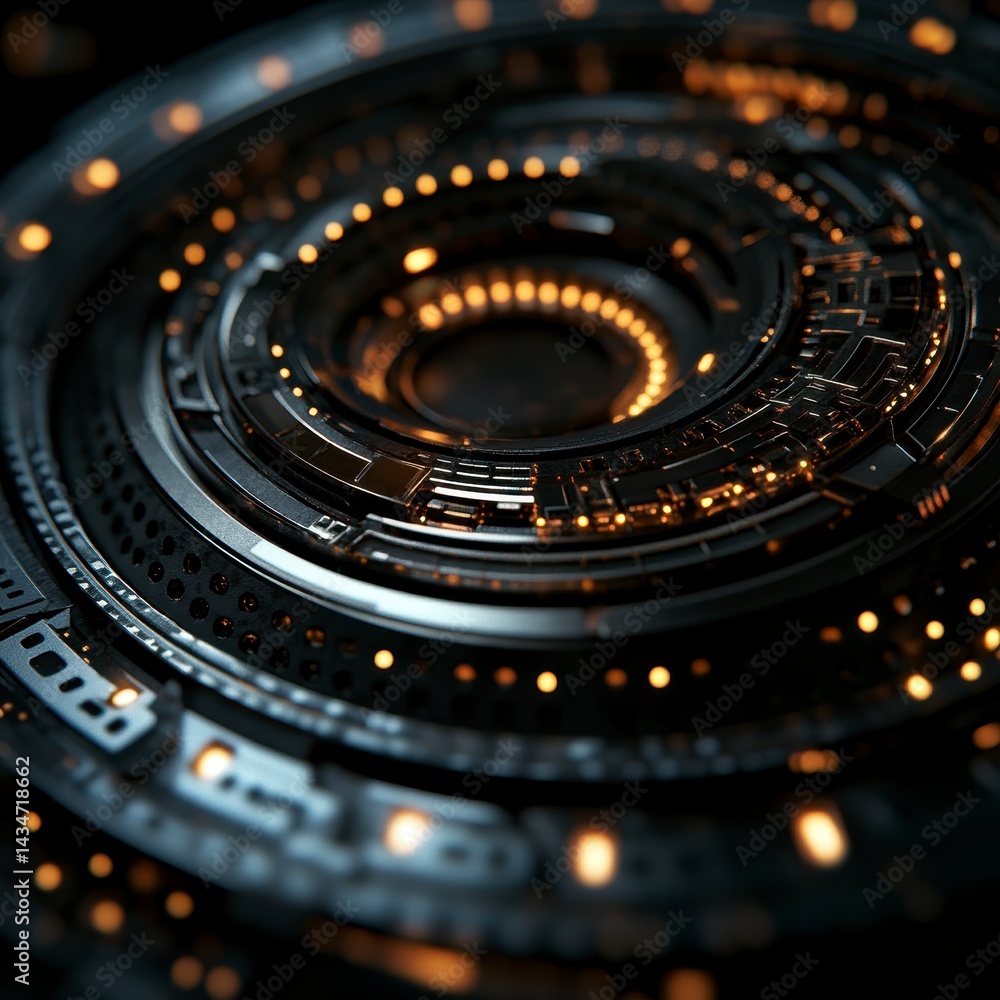 Aufkleber abstract metallic machine with glowing light elements futuristic circular technology and detailed me