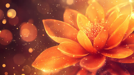 Fiery orange flower, glittering, bokeh background. Nebula Petals. Illustration