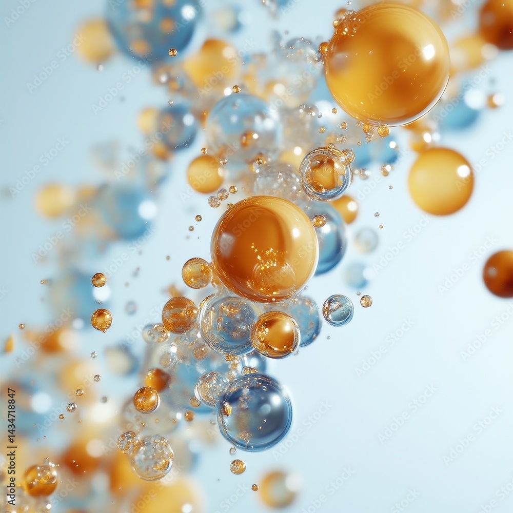 Aufkleber abstract spherical bubbles in gold and blue hues with transparent reflections floating on a light ba
