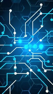 Animated circuit board showing data flow via glowing blue white lines over dark hexagons