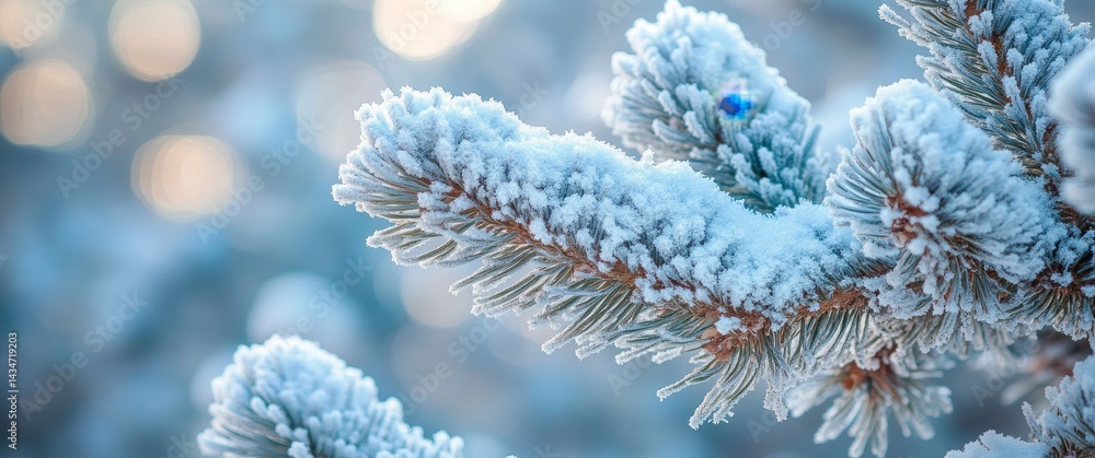 Aufkleber close up of frost covered pine tree branch with bokeh background in a cold winter weather
