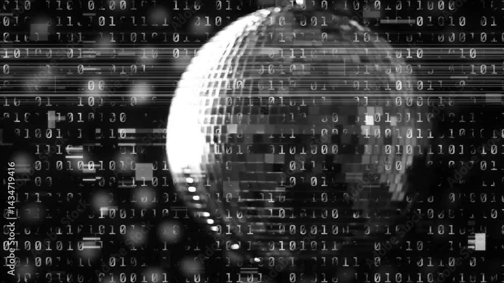 Poster central pixelated sphere pulsating in animated 3d render, streaming binary digits with glitch lines