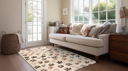 Cozy Living Room with Pet Paw Print Rug