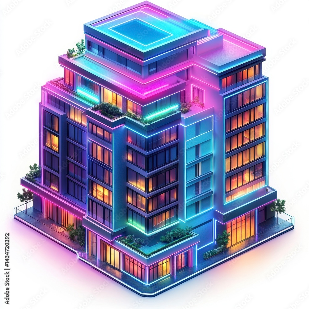 Poster isometric neon lit modern building architecture with geometric design and urban style in daylight