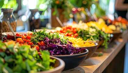 Fresh salad bar with colorful vegetables, including tomatoes, cabbage, and greens, creating vibrant and healthy display