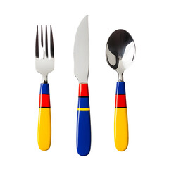 Fototapeta premium A vibrant set of cutlery featuring a fork, knife, and spoon with colorful handles, ideal for children's dining or festive meals