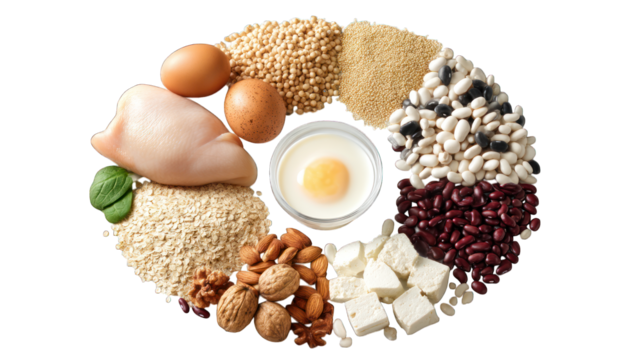 eggs, chicken breast, quinoa, beans, Greek yogurt, nuts, tofu, isolated transparent background