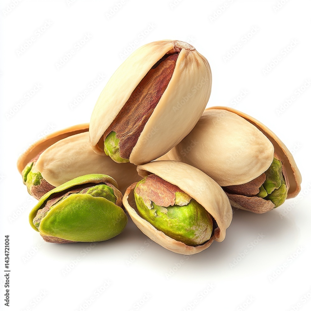 Aufkleber pile of fresh pistachios with open shells featuring green kernels on white background