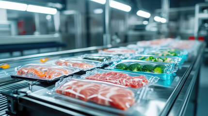 Industrial packaging line with vacuum-sealed meat and vegetables in a modern factory setting