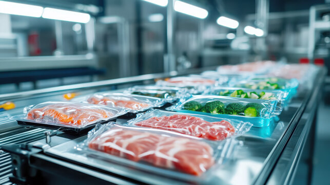 Industrial packaging line with vacuum-sealed meat and vegetables in a modern factory setting