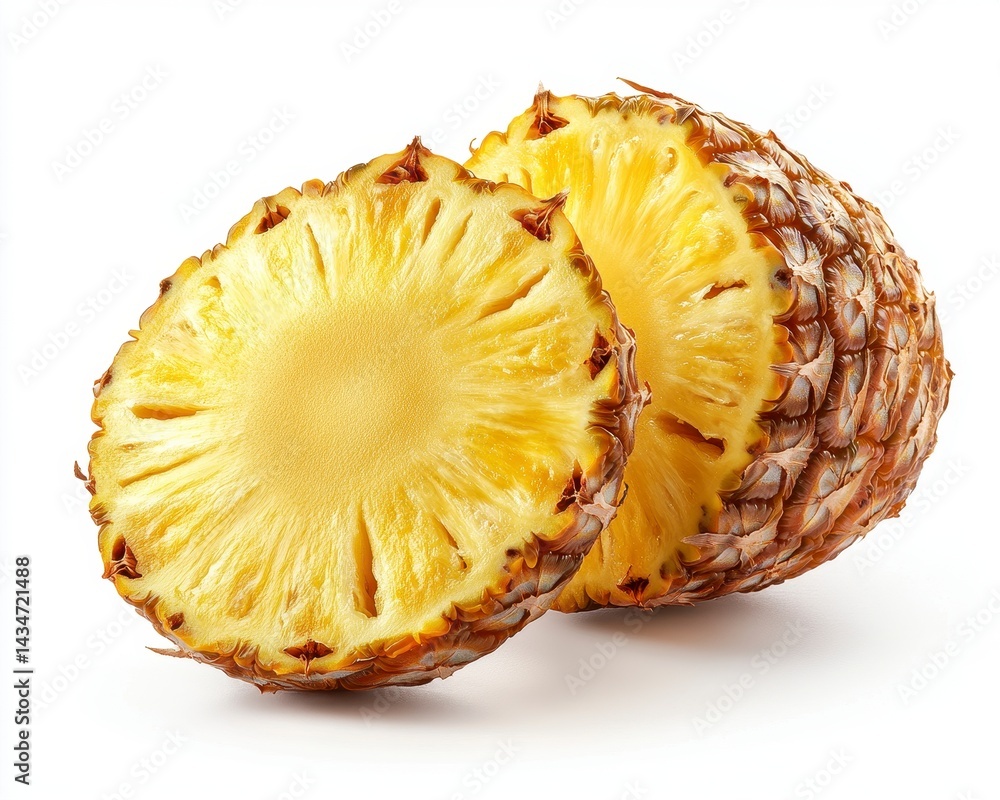 Poster sliced pineapple with textured rind displayed in bright studio shot on white backdrop showing detail
