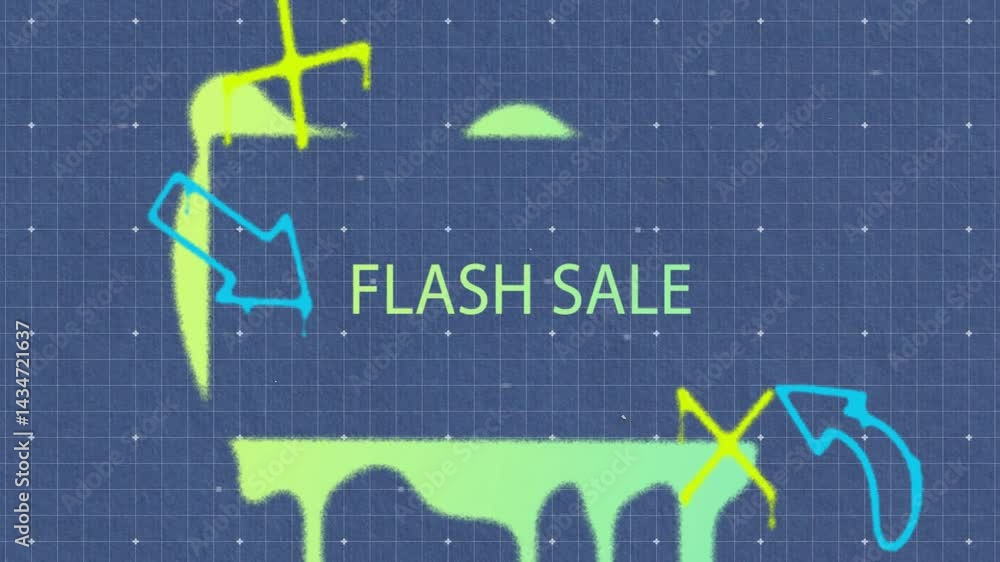 Poster flash sale text being animated over dark blueprint grid with neon drips and arrow outlines