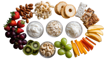 mixed nuts, fresh fruits, yogurt, protein bars, rice cakes, veggie sticks, isolated transparent background