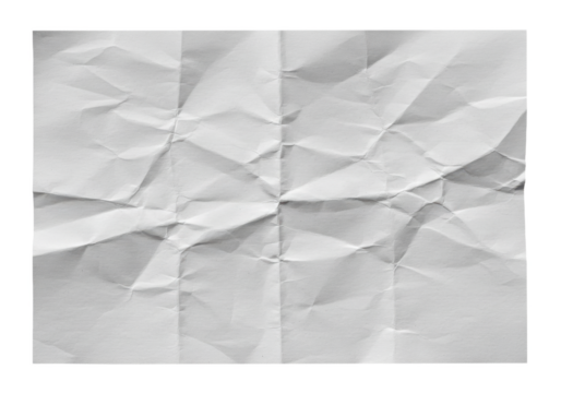 Crumpled sheet of paper with visible folds and rough edges isolated on transparent background