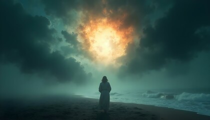 Obraz premium Surreal person meditating surrounded by colorful energy clouds and spiritual ambiance