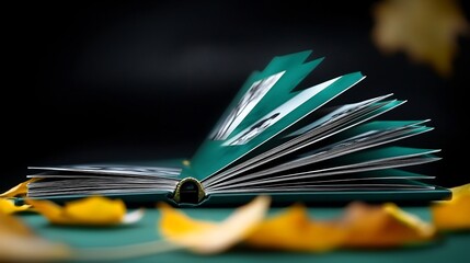 Open photo album, green cover, autumn leaves
