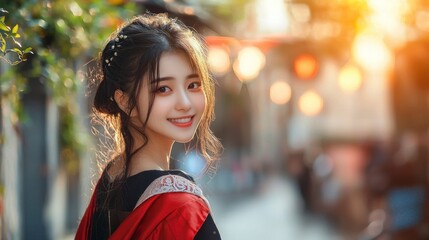 Fototapeta premium Bright Graduation Portrait of Smiling Young Woman in Gown Surrounded by Warm Sunset Glow and Street Decor