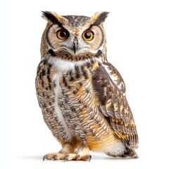 Fototapeta premium Detailed Portrait of a Great Horned Owl with Brown Plumage and Yellow Eyes on White Background