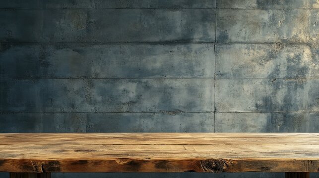 Rustic wooden table against a slate gray textured wall.
