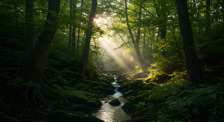 Obraz premium A dense forest scene with a winding stream flanked by massive, moss-covered boulders