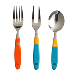 Fototapeta premium Colorful cutlery set featuring a fork, salad fork, and spoon on a plain background, ideal for dining or kitchen use