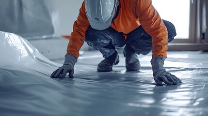 Obraz premium Construction Worker Installing Floor Protection