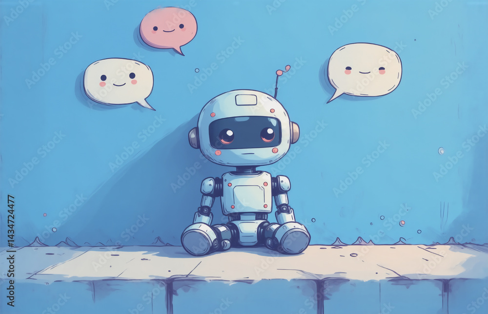Poster here's a description and keywords based on the image: a cute robotic figure sits against a plain blu