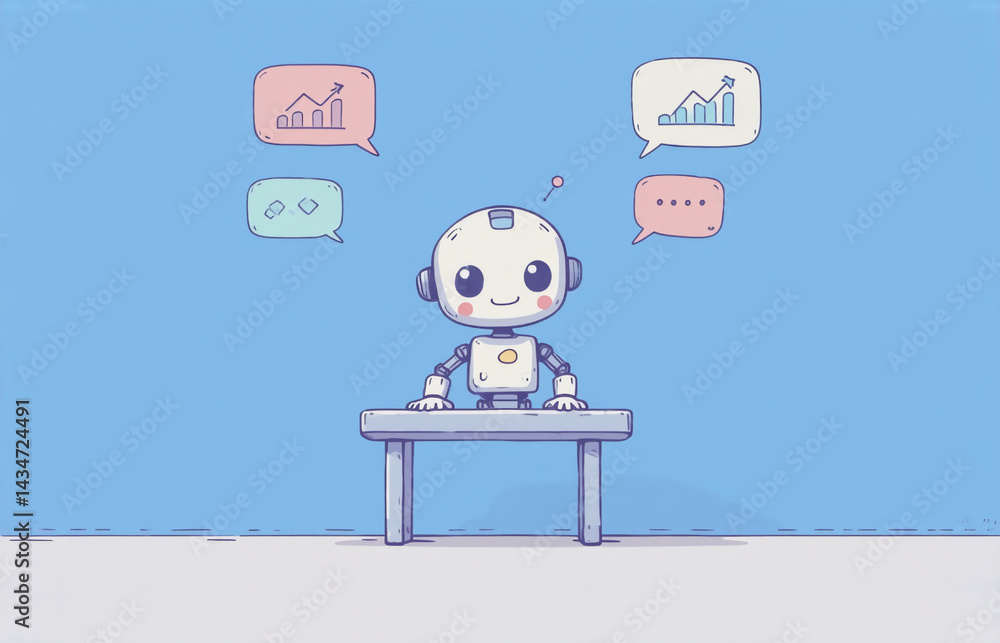 Poster a friendly robot stands behind a small desk, with speech bubbles depicting graphs and chats rising f