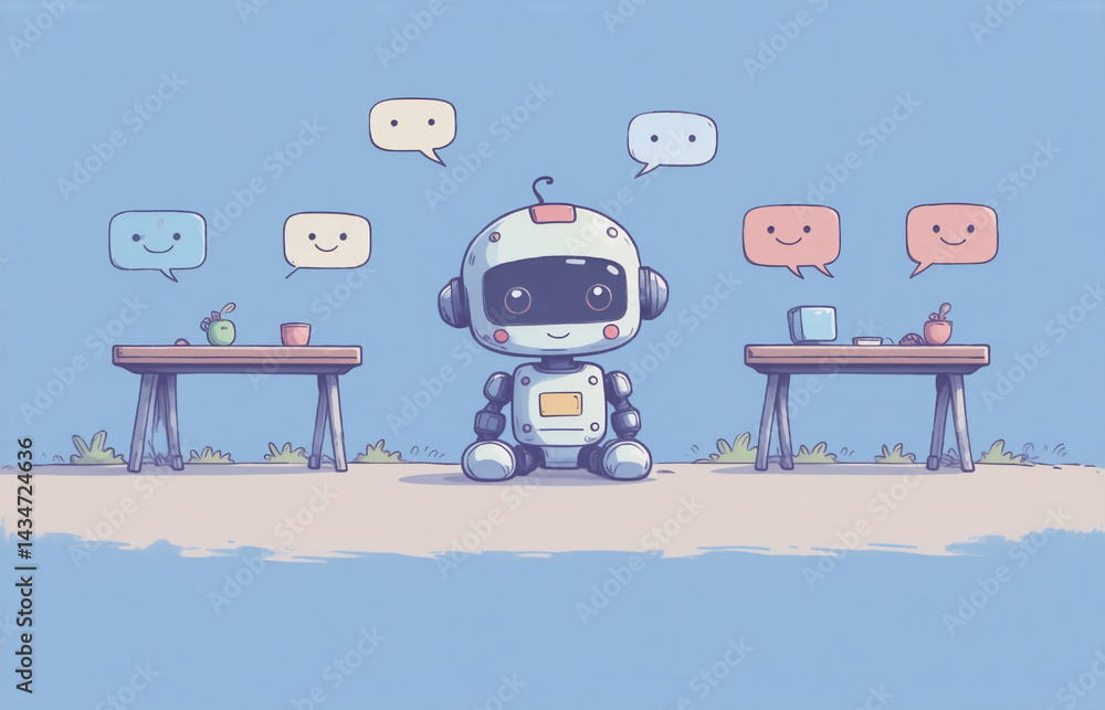Poster a cute robot, with a series of thought bubbles, sits near small tables. this image hints at communic