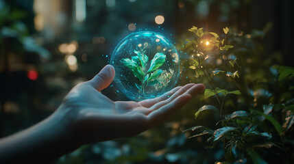 Fototapeta premium Hologram of ecosystem energy flow in hands with glowing earth sphere