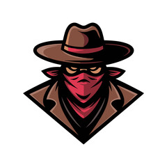 Mysterious Cowboy Outlaw or Bandit Mascot Illustration with Hat and Bandana Mask
