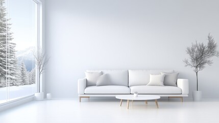 Modern, minimalist living room with a snowy mountain view.