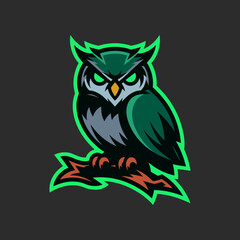 Fierce or Evil Owl Esport Gaming Mascot Logo Illustration with Glowing Green Eyes Perched on Branch