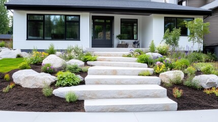 Obraz premium Modern house entrance with stone steps and landscaping. A stylish pathway leads to the front door of a modern home. The landscaping features a variety of plants and rocks,