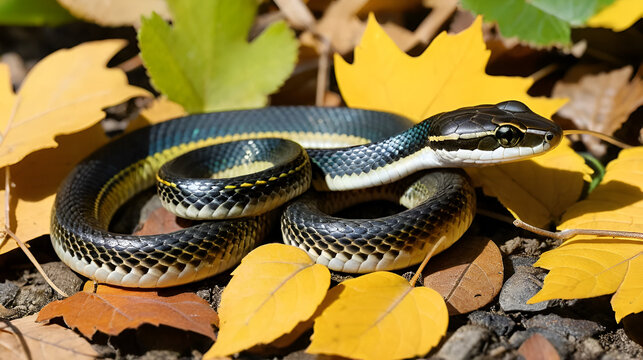 common garter snake (Thamnophis sirtalis) in autumn leaves